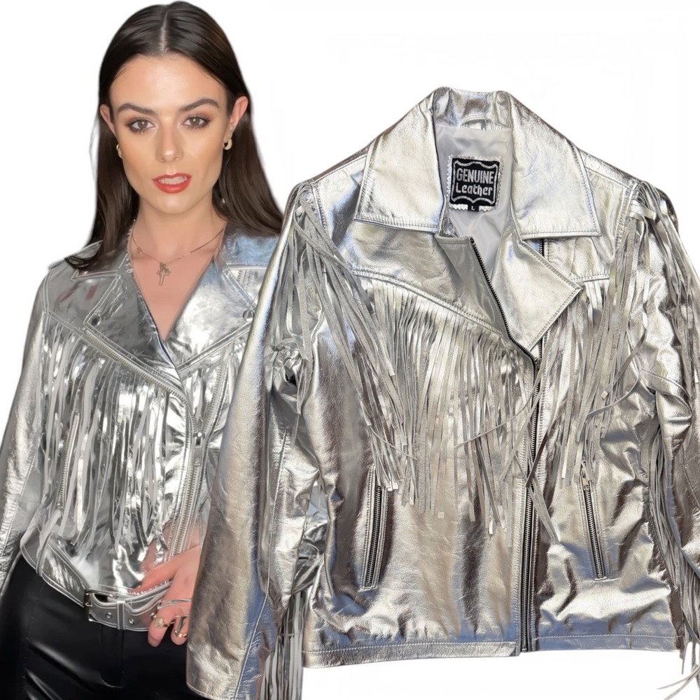 Vintage Moto Jacket Metallic Silver Genuine Leather Fringe